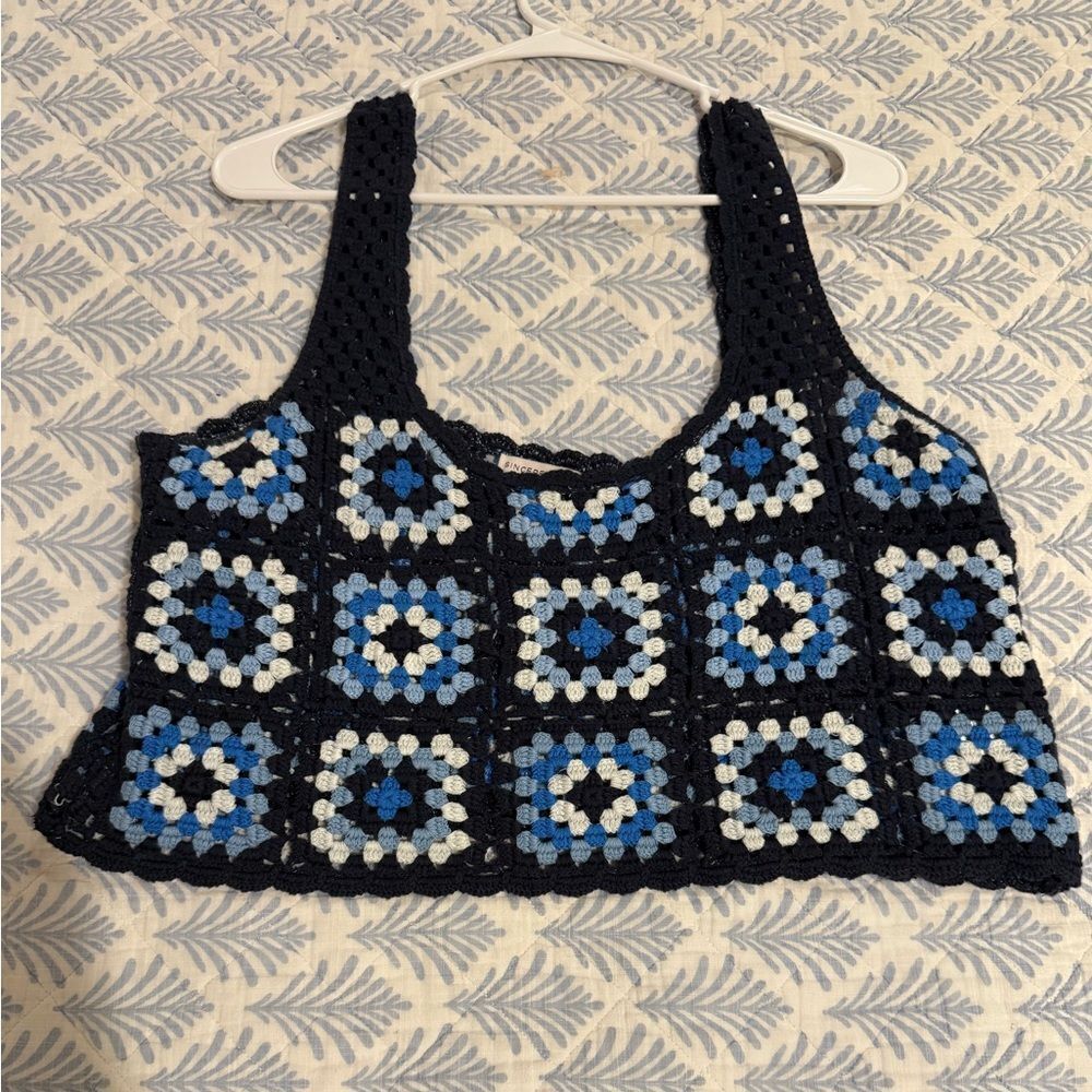 Sincerely Jules Blue and Black Crochet Crop Top